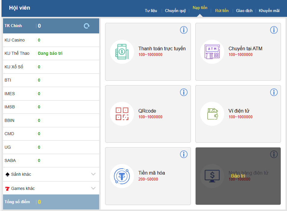 Giao dịch nạp và rút tiền tại Thabet